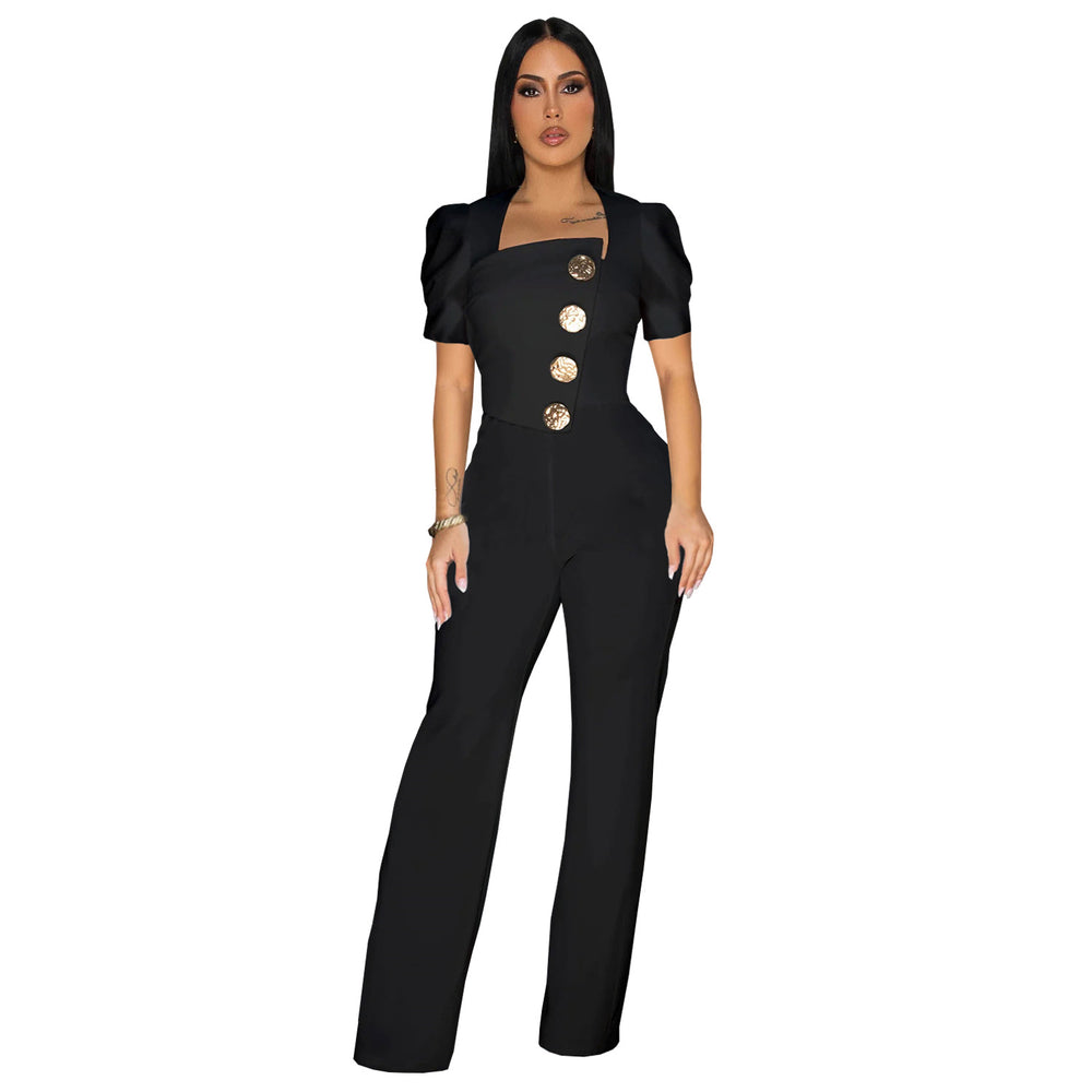 C7378 cross-border   fashion women's large button short sleeve sporty wide leg jumpsuit new