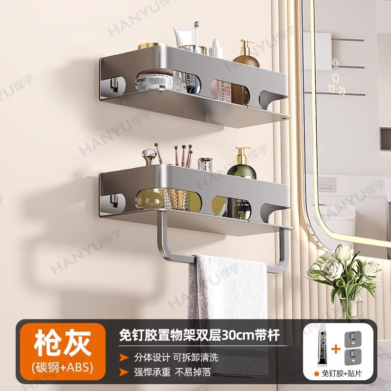 No punching, toilet rack, bathroom shelf, toilet, toilet, toiletries, wall hanging, wall storage rack