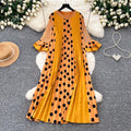 K-style polka dot pleated short-sleeved dress women's summerruffle sleeve round neck pleated skirtslimming lookelegantwork clothing skirt