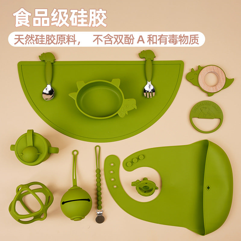 Come to the picture to customize the logo baby silicone dinosaur bowl tableware set children's complementary food bowl fork spoon bib tableware set