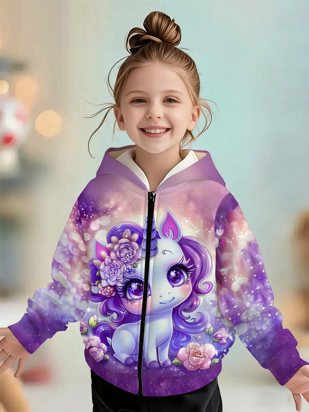 Kids' hoodie jacket, cross-border hot seller: cute cartoon print fashion zip-up hoodie for girls, dropshipping available