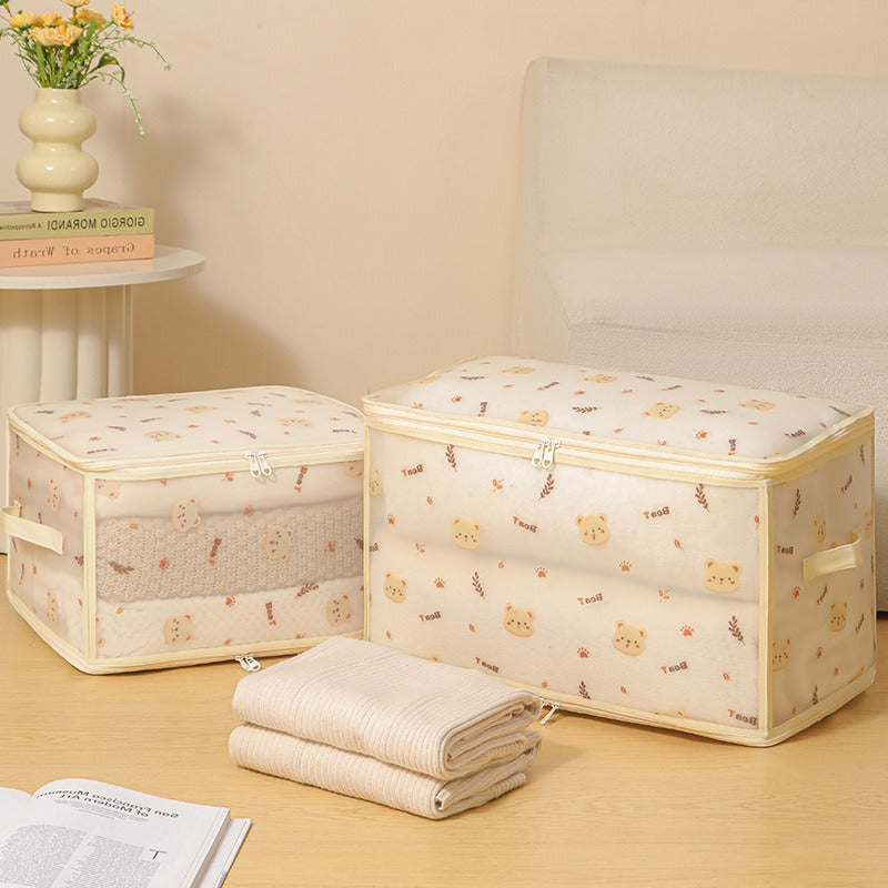 New PP waterproof storage box transparent with zipper clothing storage box original cartoon desktop cosmetics finishing box