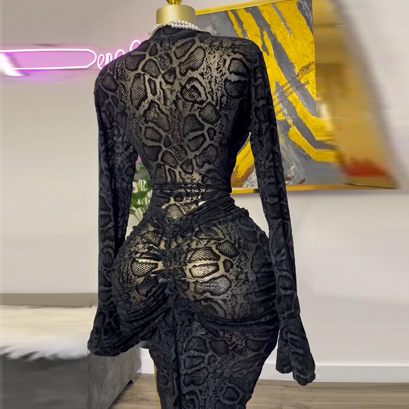 European and american women's clothing  summer new arrival: elegant half-high neck mesh long sleeve high-waisted bodycon mini dress