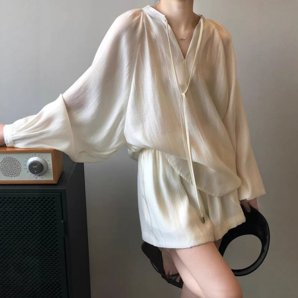 European, American  independent station   summer new women's semi-transparent simple cream yellow pants set