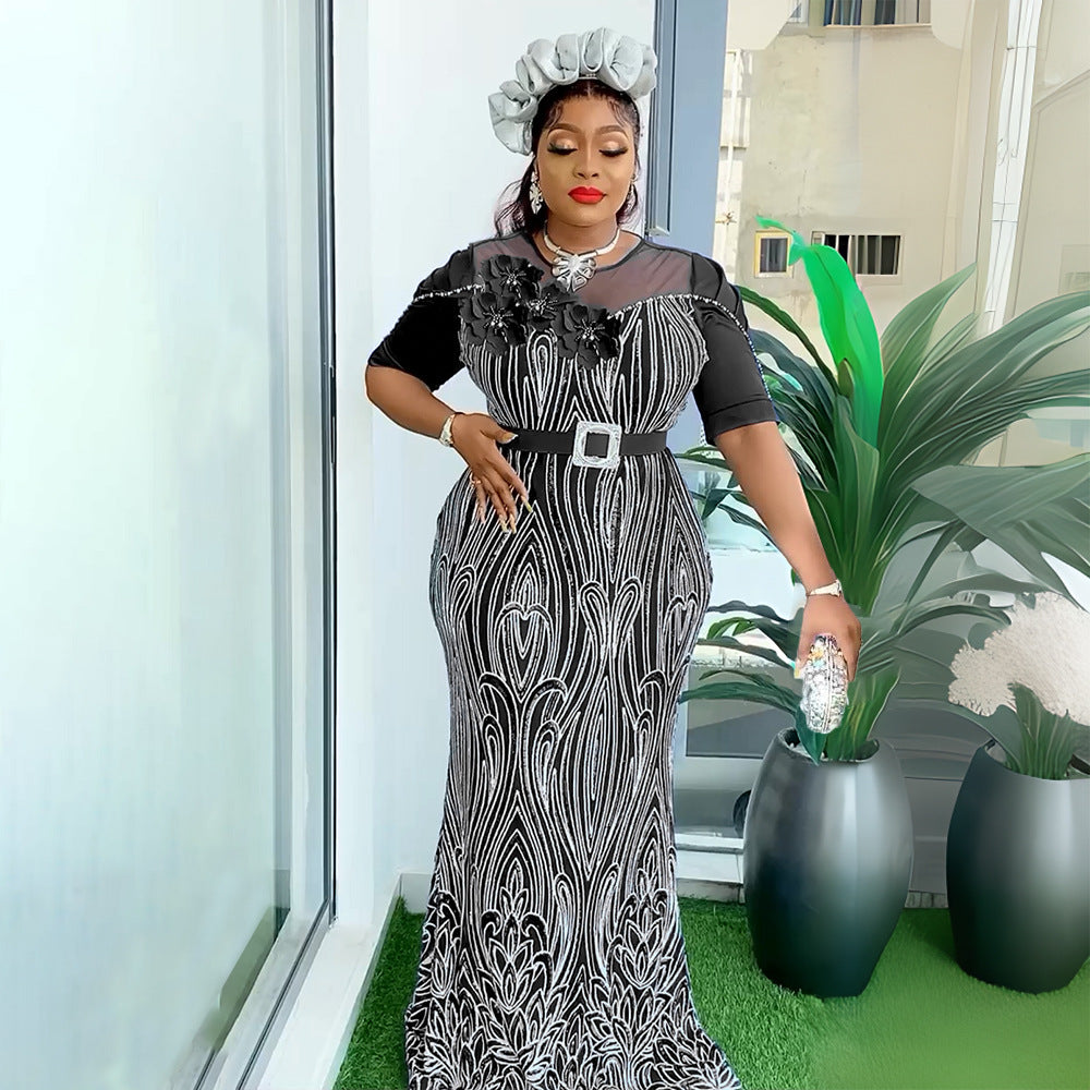 e-commerce european and american sequined slim-fit mermaid evening gown maxi dress african women's clothing  plus size dress