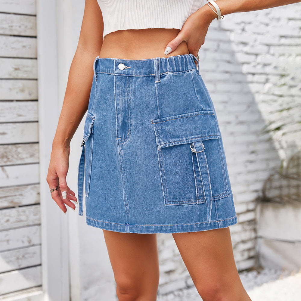 Wishfashion cross-border export women's clothing  independent station is it hard to wash denim workwear short skirt skirt