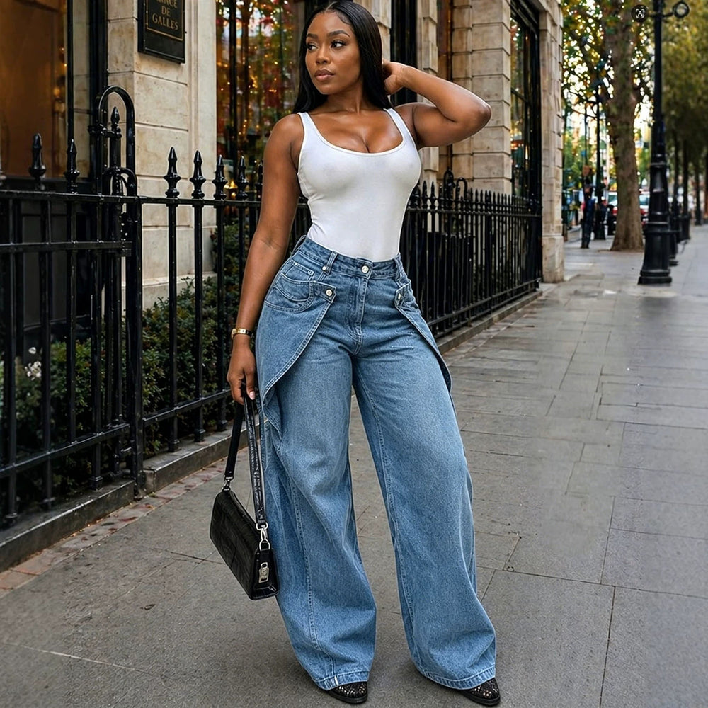 European and american style women's casual jeans - new  cross-border women's clothing - street fashion asymmetrical button design straight leg