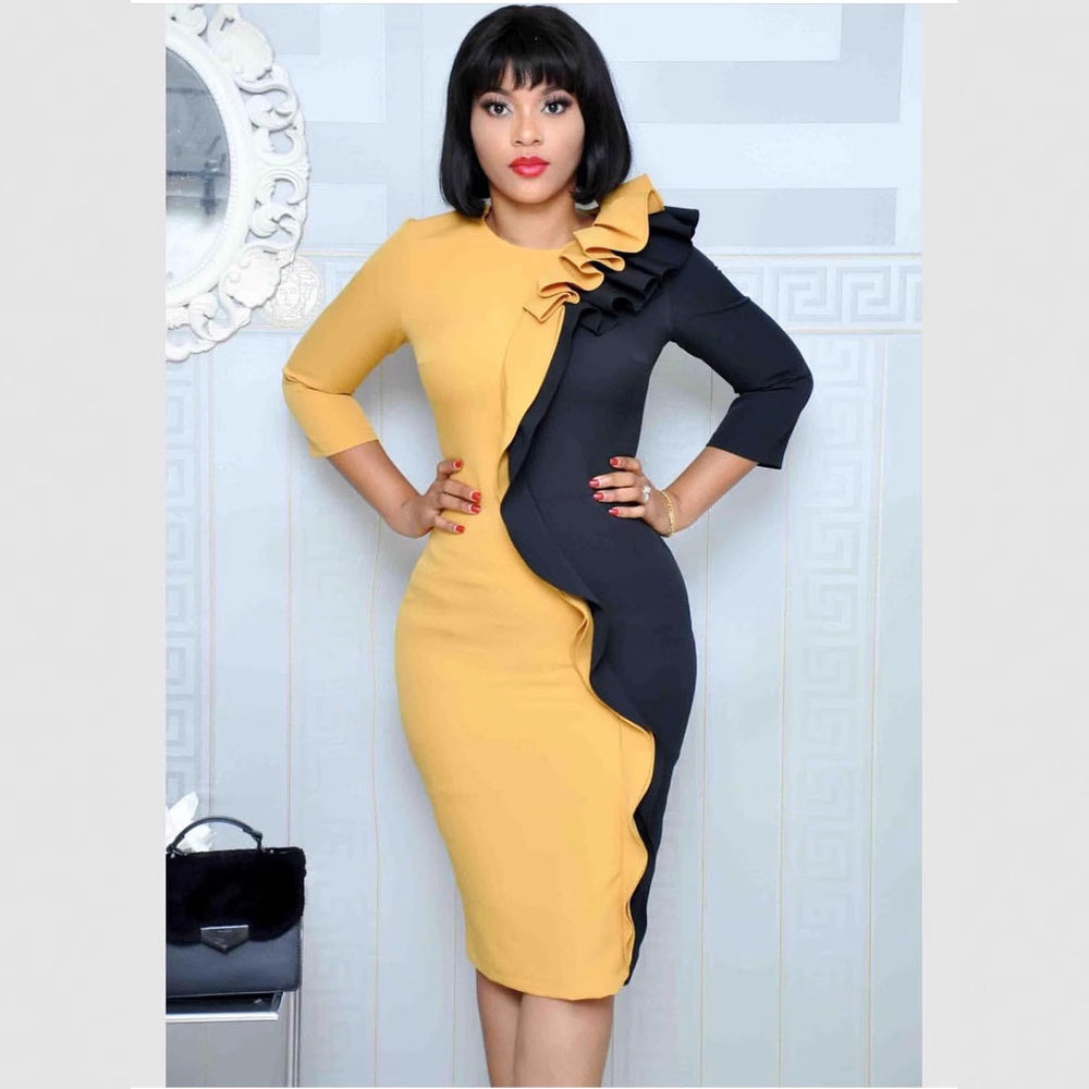 supply  modified  african plus size women's clothing two-color patchwork chest pleated long-sleeved dress