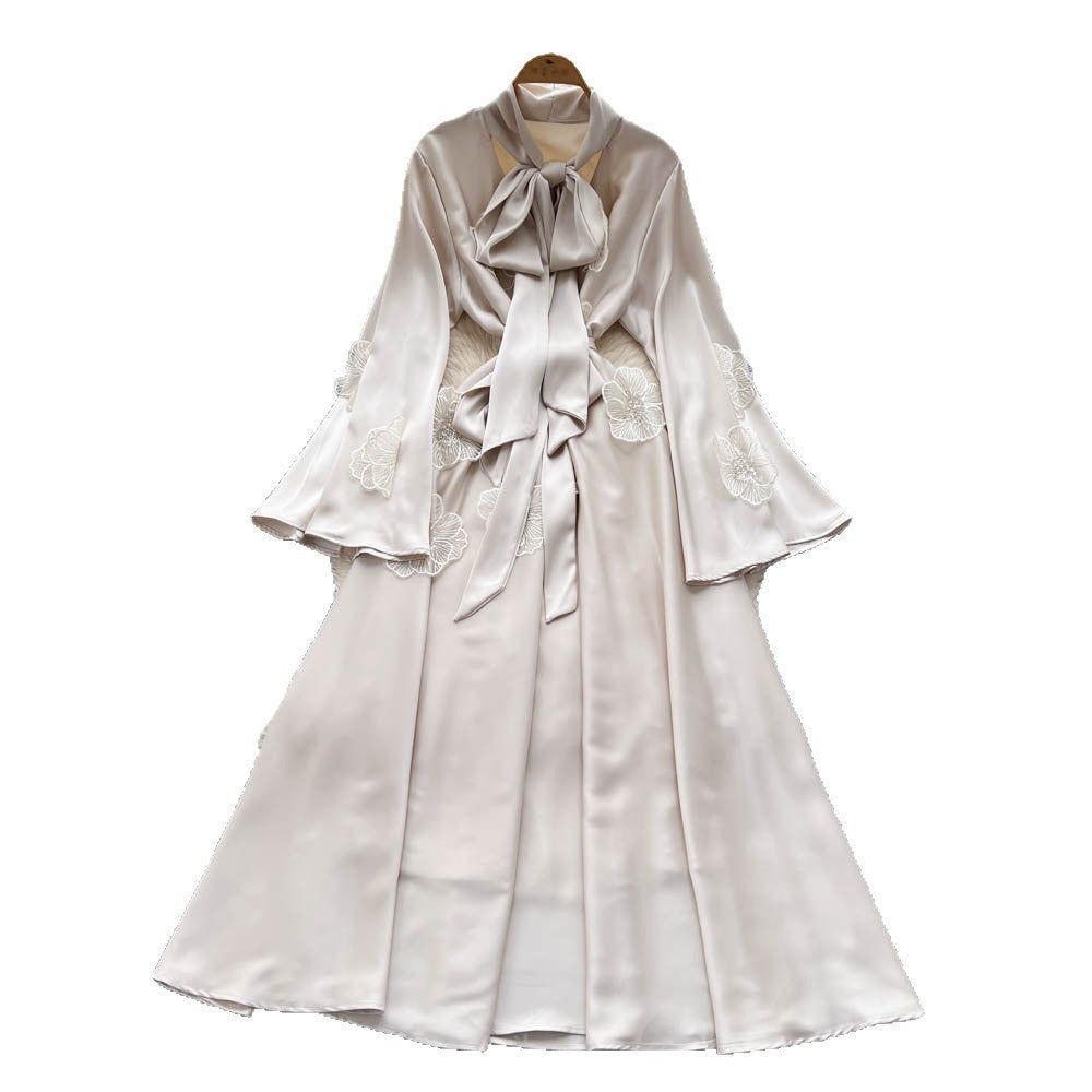 Frenchretrolong sleevesdress women's summerstereoflower tieelegant unique beautiful beautiful long skirt