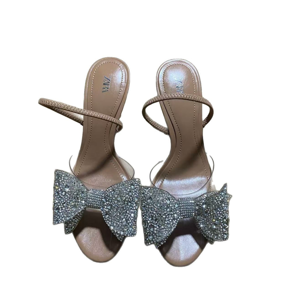 Za women's shoes 2025 new arrivals: versatile bow-tie round toe high heels, stiletto heels, slingback sandals with sequin detail