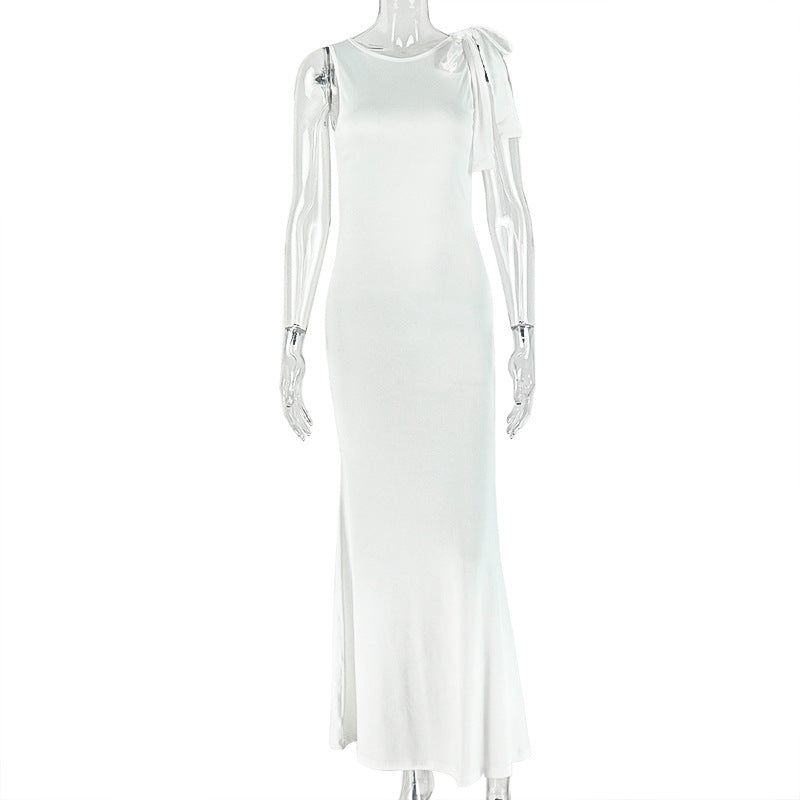 Fashion styleexportpure color socialite women's clothingeasiest for matchsilm hip skirt round neck banquet long dress dress