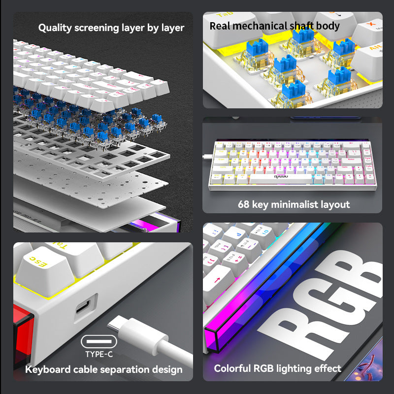 Raiku gk68 blue switch mechanical keyboard - gaming, hot-swappable, high-performance, light box, detachable cable