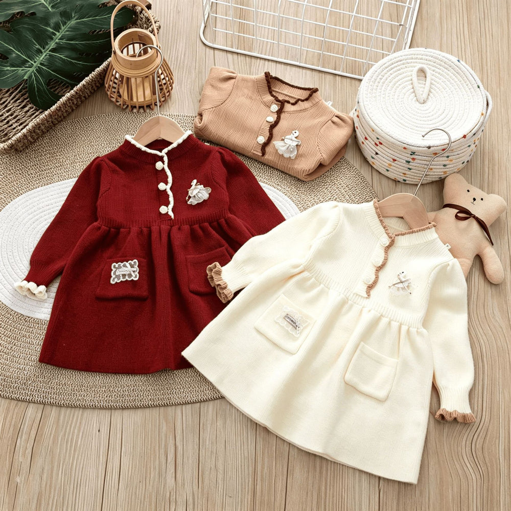 Girls' knit dress - new autumn/winter  collection - kids' lace collar knitted dress - baby red princess dress