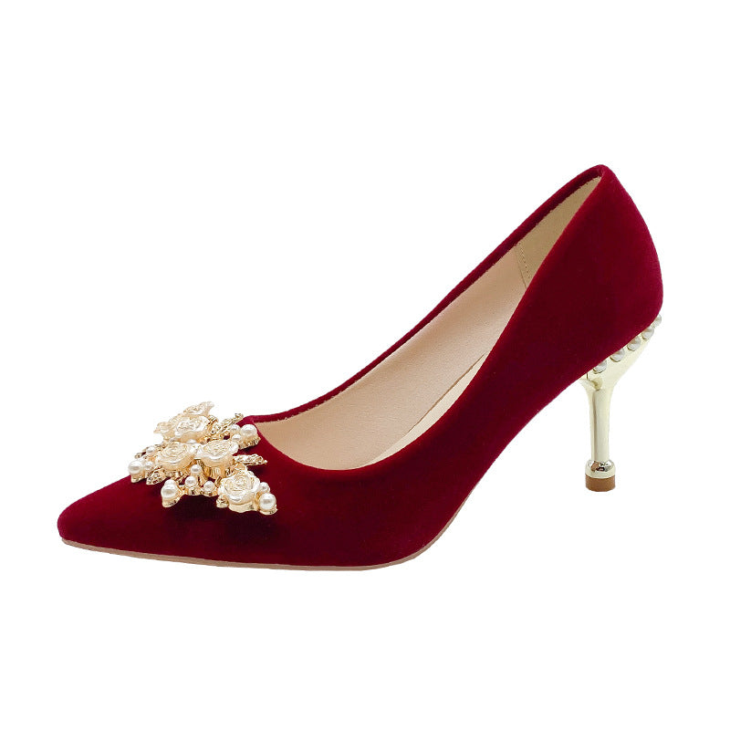 Xiuhe wedding shoes for women, red stiletto heels, non-tiring bridal shoes, 2024 new style chinoiserie pointed toe wedding toast shoes