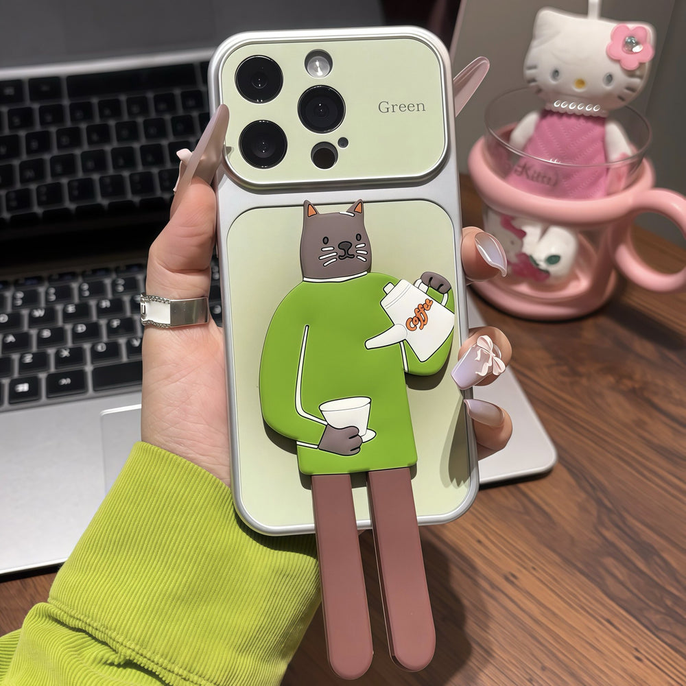Coffee maker cat foldable stand compatible with apple 17 pro max phone case - "fish catching cat" iphone 16 soft case