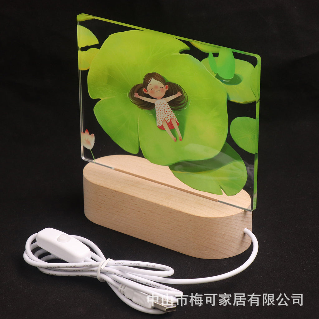 USB plug-in wooden ambient light desktop photo ornament UV printing acrylic night light warm light with sleeping bedside lamp