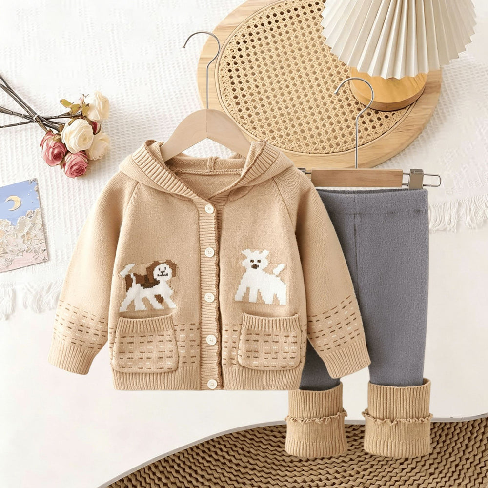 Girls' fall/winter new arrival: cute puppy jacquard hooded sweater jacket & loose pink knit two-piece set