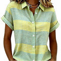 Amazon plaid shirt collar short sleeve shirt women's  summer new casual slim fit everyday top