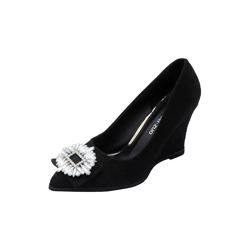 2025 new pointed-toe black heels with square buckle and rhinestone embellishments - french style, stiletto heel, elegant and versatile pumps