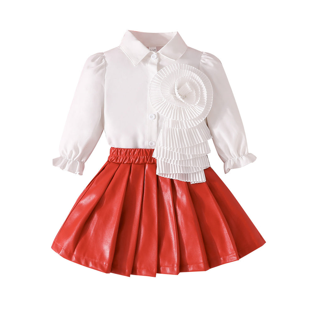 cross-border exclusive: new autumn collection - girls' long-sleeved blouse with floral design + pu leather skirt - hot-selling bestseller