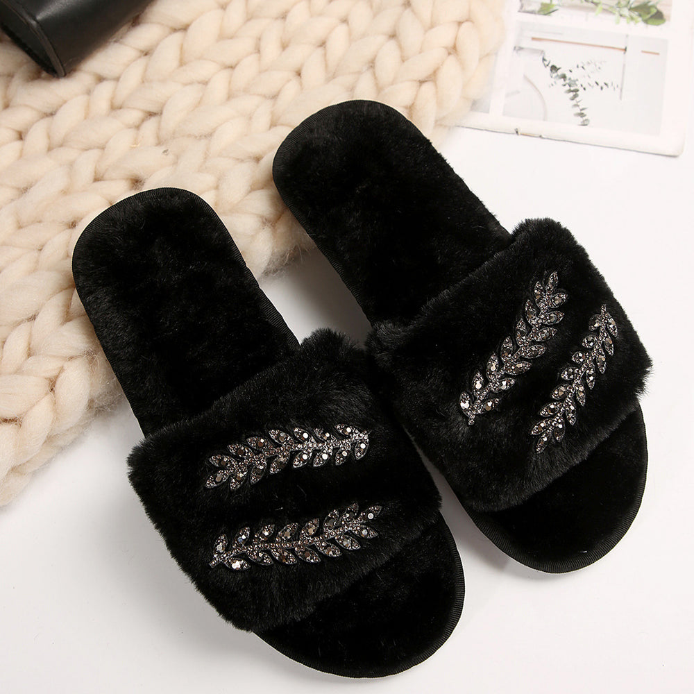 rhinestone leaf autumn and winter new arrival fur slippers women's foreign trade large size 43casualthick sole home fur slippers for women