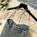American retro hot girl halter tie-up cropped denim vest + high-waisted slimming fishtail midi skirt two-piece set