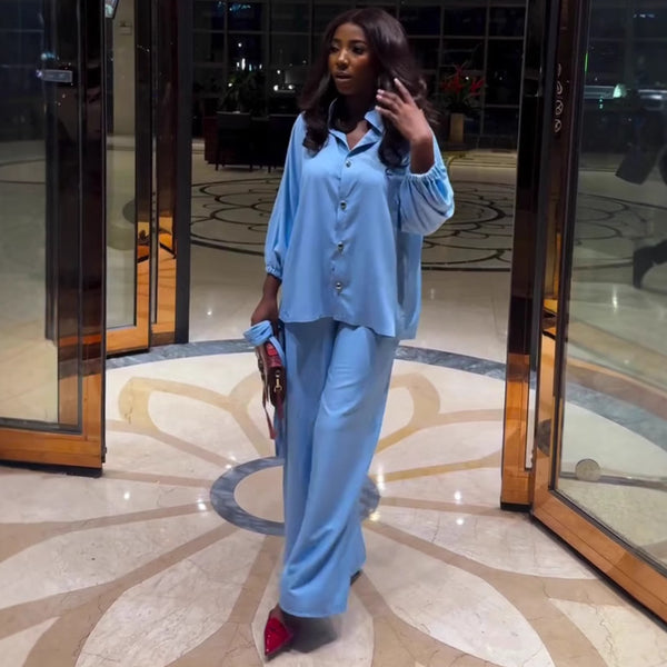 African large size fashion women's clothing set solid color lapel cardigan shirt casual trousers women's European and American loose two-piece set