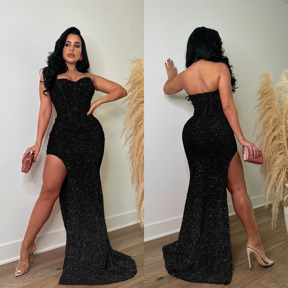 C6792 cross-border   fashion women's solid color sequin sleeveless backless maxi dress