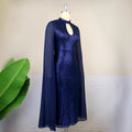 plus size navy blue sequindress stand collar cut out cape sleeve silm hip-covering banquet dress dress