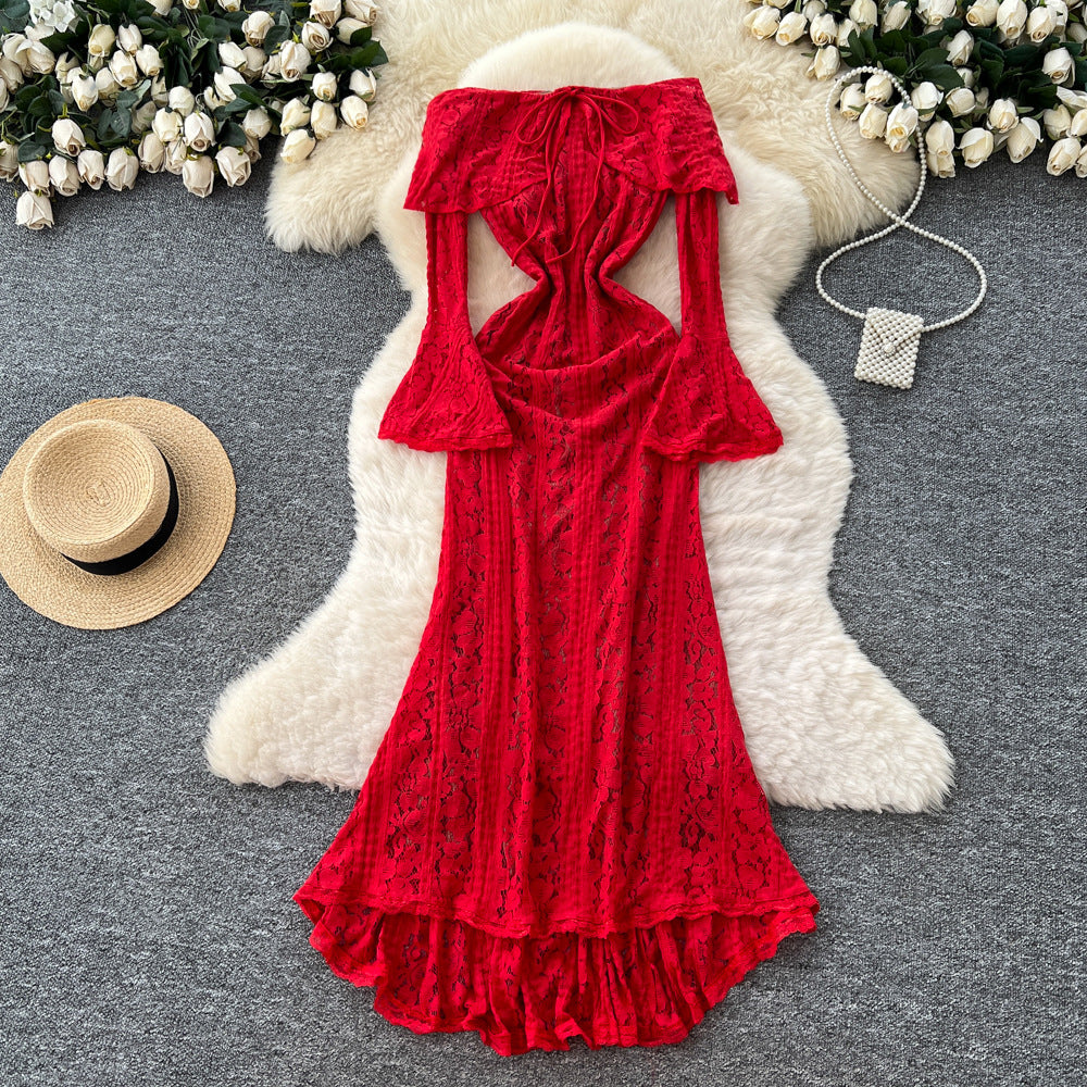 French one-shoulder lace cutout tie-up dress - women's slim fit, high-end goddess style, commute-ready elegant dress