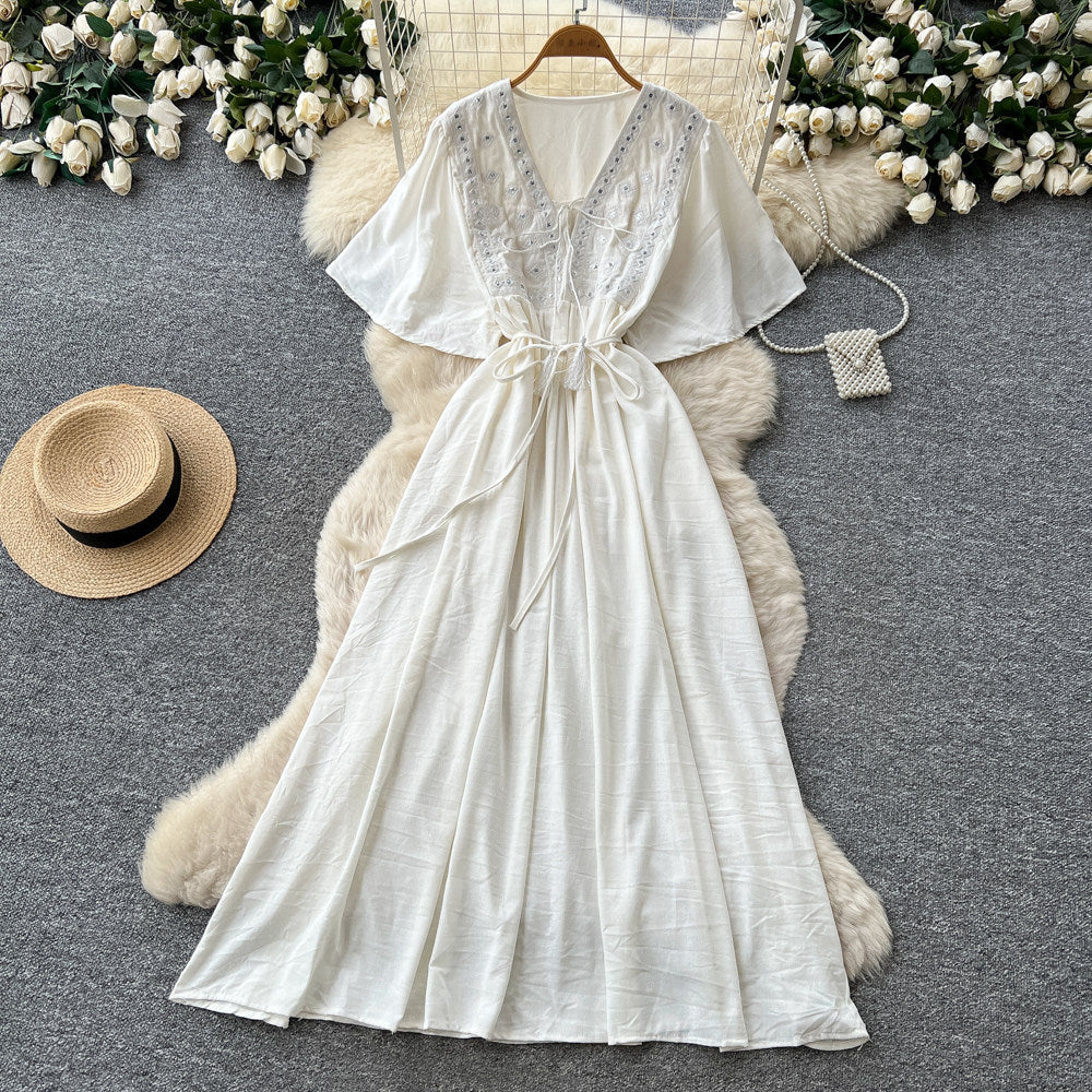 French-style embroidered v-neck dress - women's summer korean style short sleeve slimming a-line maxi dress - vacation ready