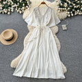 French-style embroidered v-neck dress - women's summer korean style short sleeve slimming a-line maxi dress - vacation ready