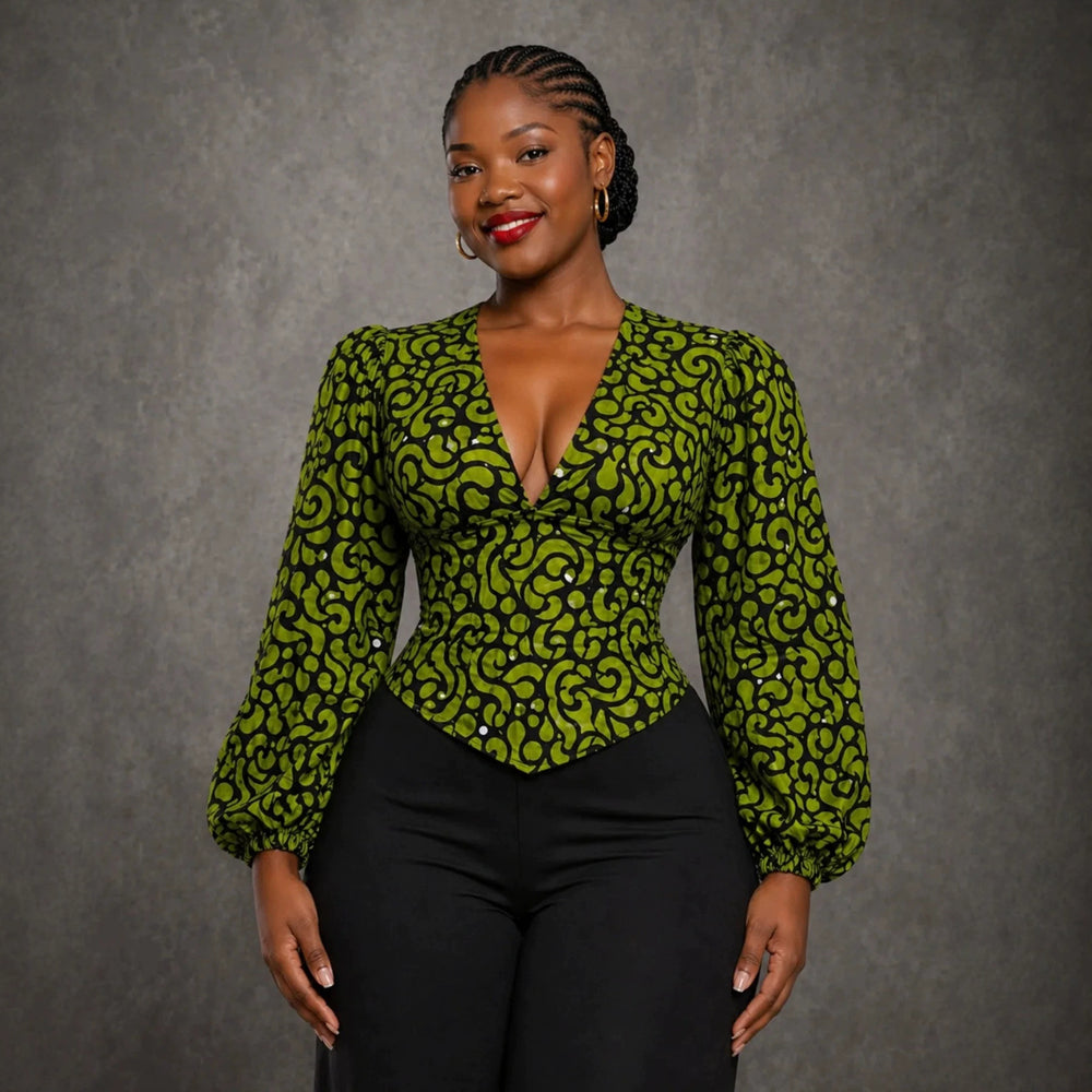European and american cross-border african women's clothing  summer new arrival: elegant v-neck printed bubble sleeve tie-waist blouse