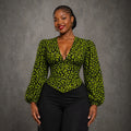 European and american cross-border african women's clothing  summer new arrival: elegant v-neck printed bubble sleeve tie-waist blouse