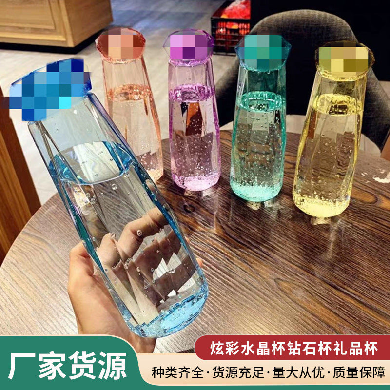 Crystal diamond cup glass with lid - trendy, high-value, creative rhombus gift cup - portable tumbler
