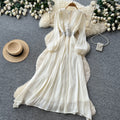 French retro red v-neck lantern sleeve beaded dress - women's slimming, figure-flattering, elegant, and flowy maxi dress