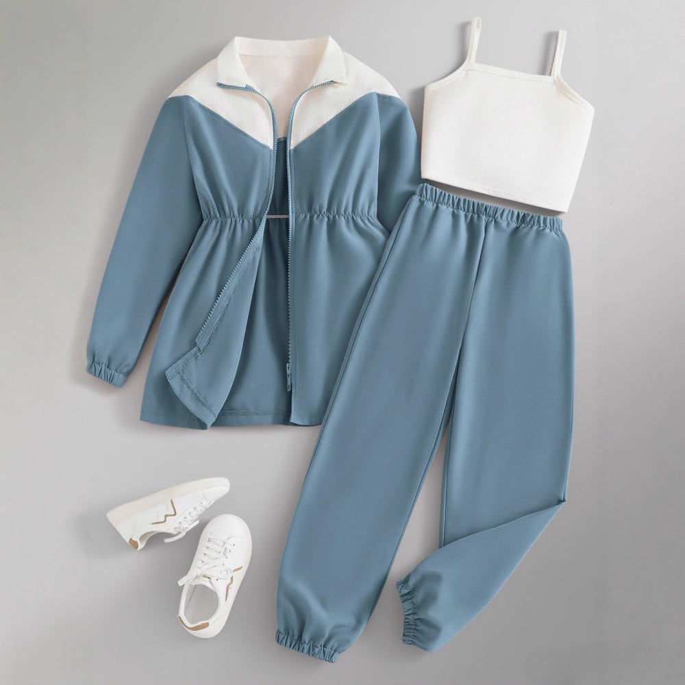 Girls' activewear three-piece set: blue color block jacket, cinched waist cami top, and long pants - autumn outfit for kids
