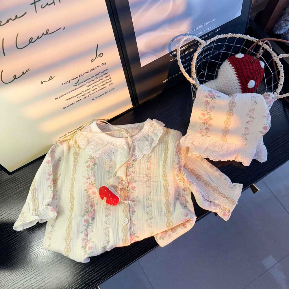 Warm and blooming girls' home wear set:  new sweet & cute floral lace long-sleeve outfit - trendy wholesale