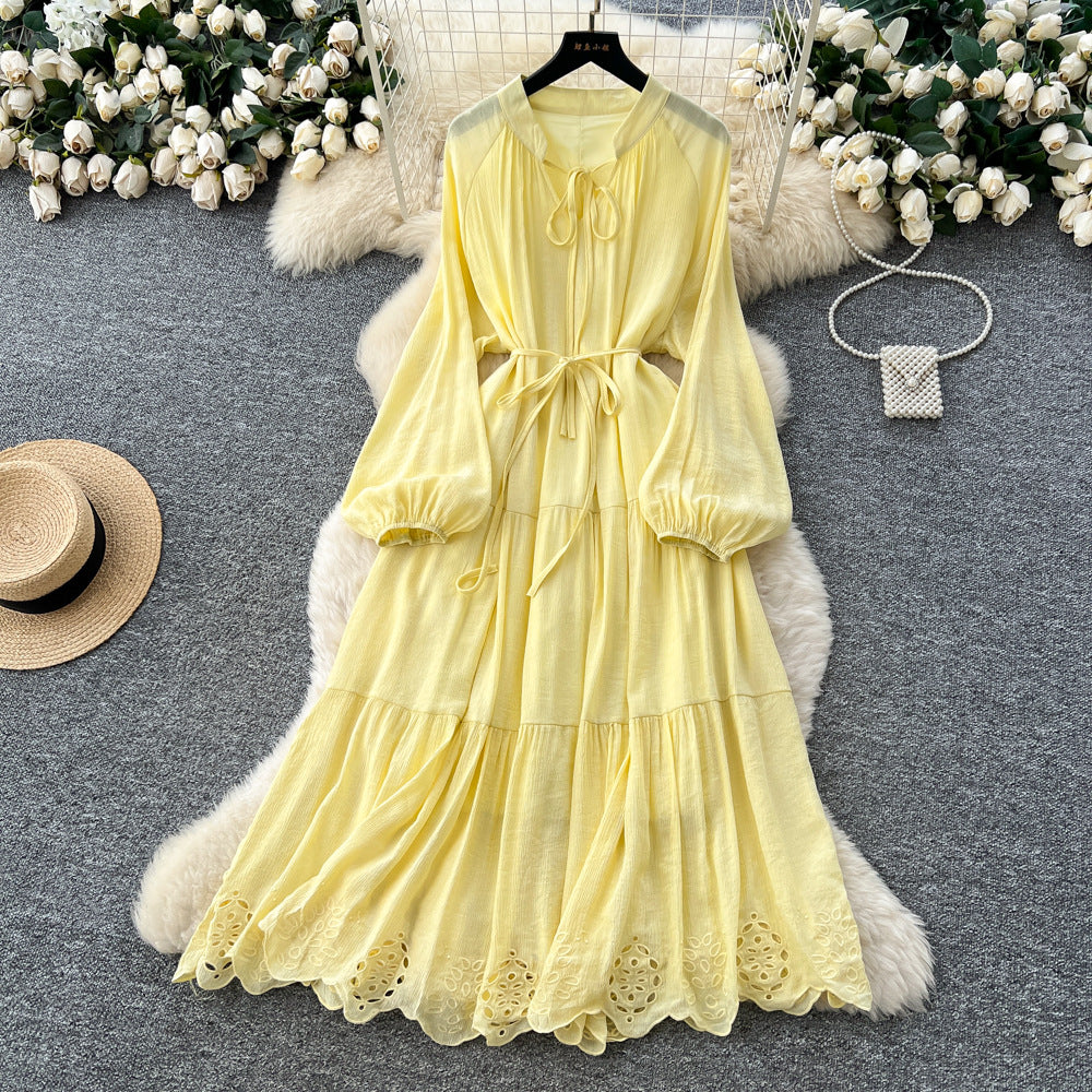 French chic tie-waist lantern sleeve cutout embroidered maxi dress - autumn/winter high-end women's dress