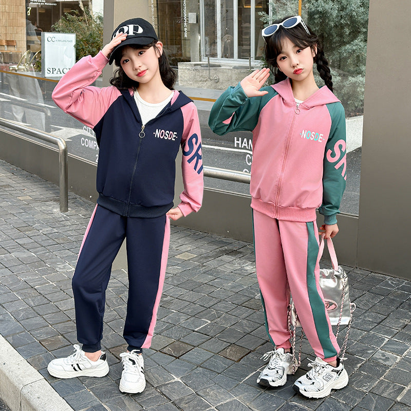 mid-to-large size girls' fashionable two-piece set: spring/autumn outerwear and cargo pants korean style outfit