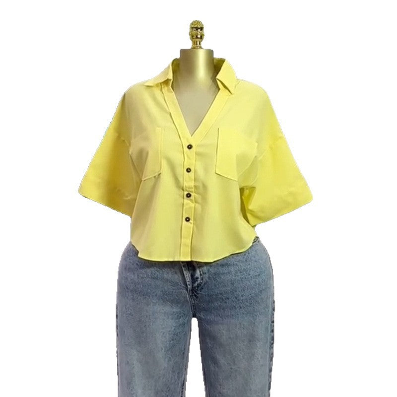 European and american cross-border women's fashion:  summer new arrival - designer turn-down collar, loose fit, versatile, and stylish cropped shirt top