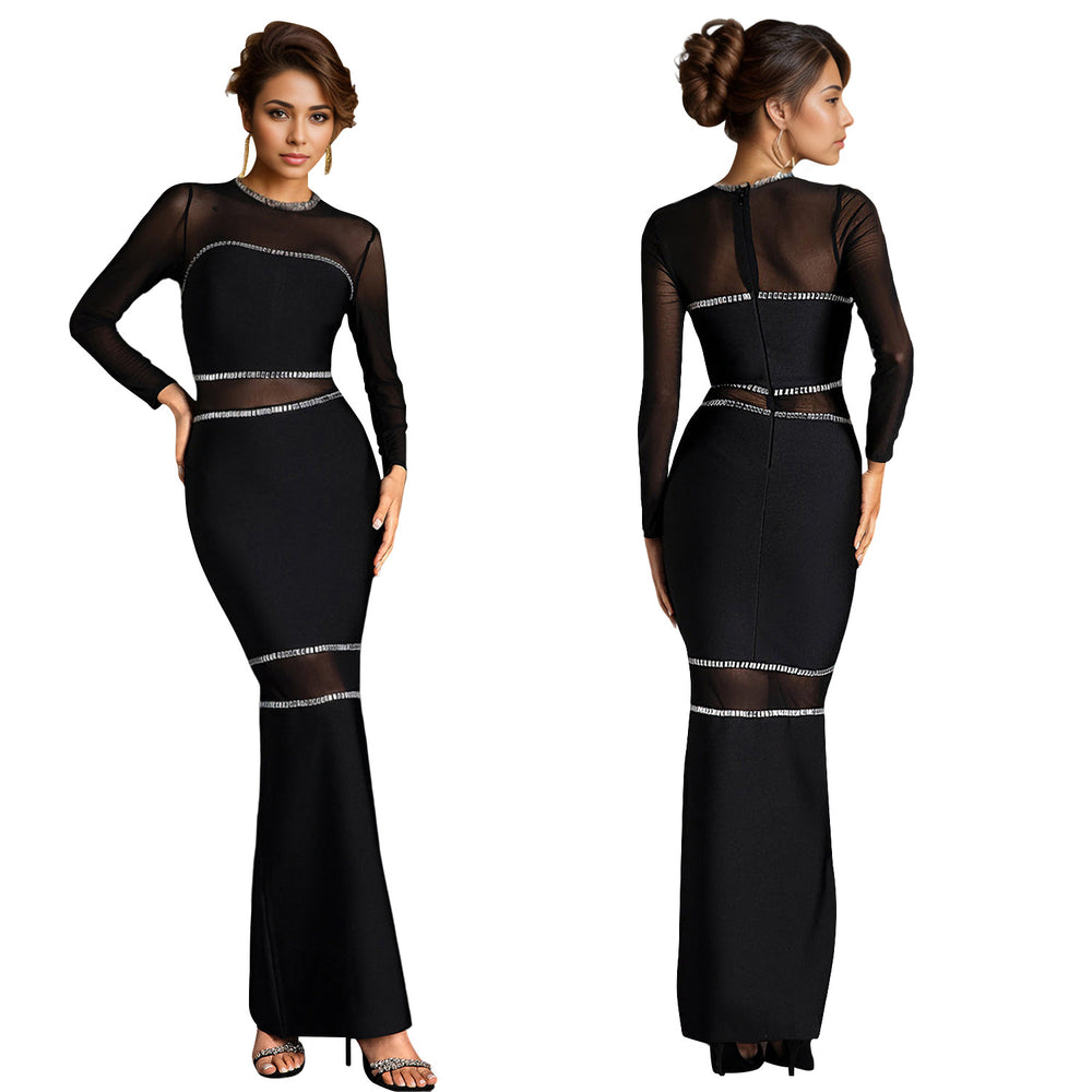 C7081 cross-border   independent station fashion women's hot diamond mesh dress long skirt new