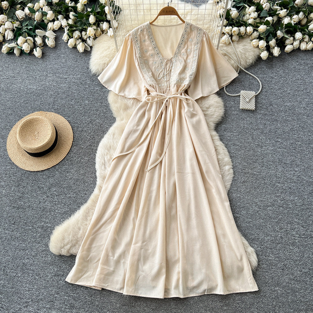 French-style embroidered v-neck dress - women's summer korean style short sleeve slimming a-line maxi dress - vacation ready