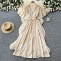 French-style embroidered v-neck dress - women's summer korean style short sleeve slimming a-line maxi dress - vacation ready