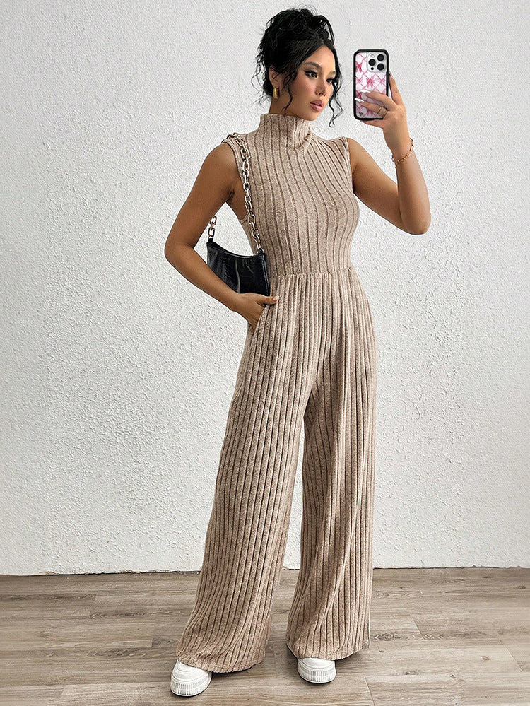 Amazon cross-border european and american women's wide-leg jumpsuit - stand collar, sleeveless, knitted, casual, stretch romper