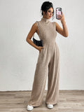 Amazon cross-border european and american women's wide-leg jumpsuit - stand collar, sleeveless, knitted, casual, stretch romper