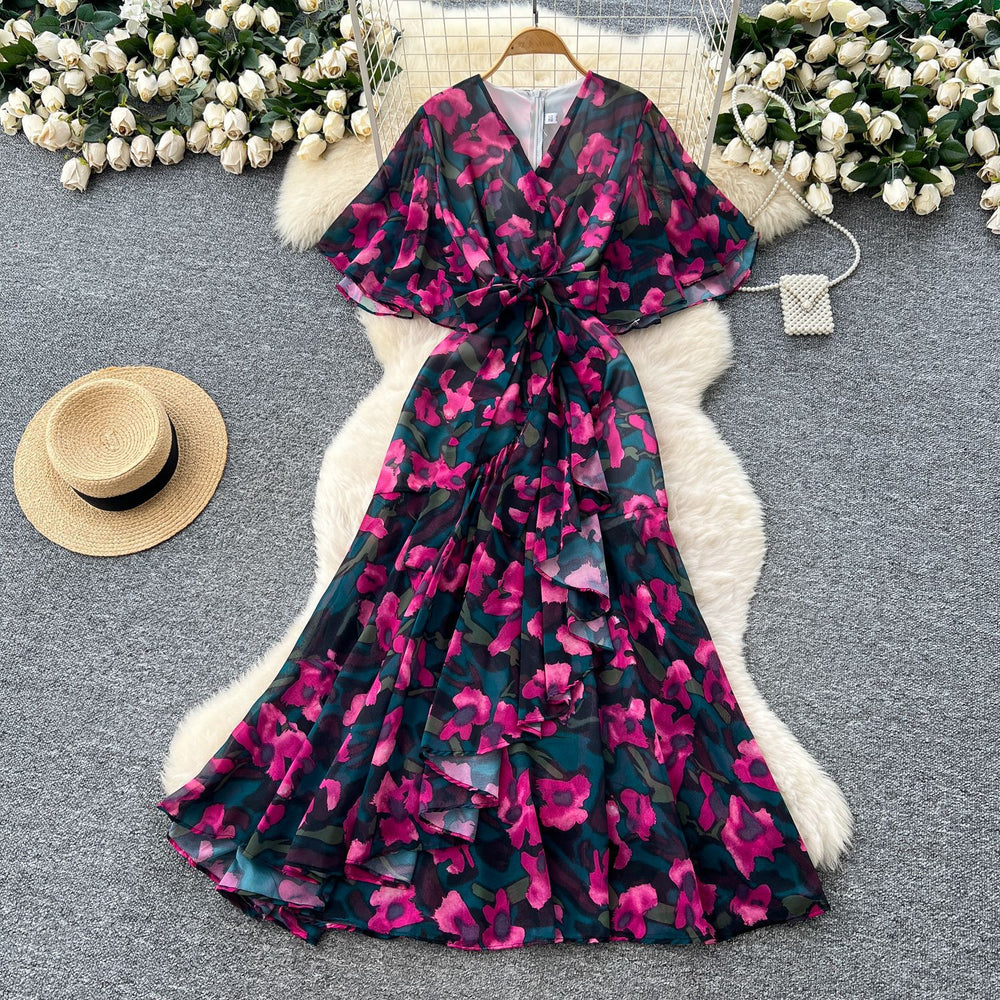 French chic high-end women's summer dress - elegant, figure-flattering, asymmetrical ruffle hem, floral chiffon maxi dress