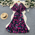 French chic high-end women's summer dress - elegant, figure-flattering, asymmetrical ruffle hem, floral chiffon maxi dress