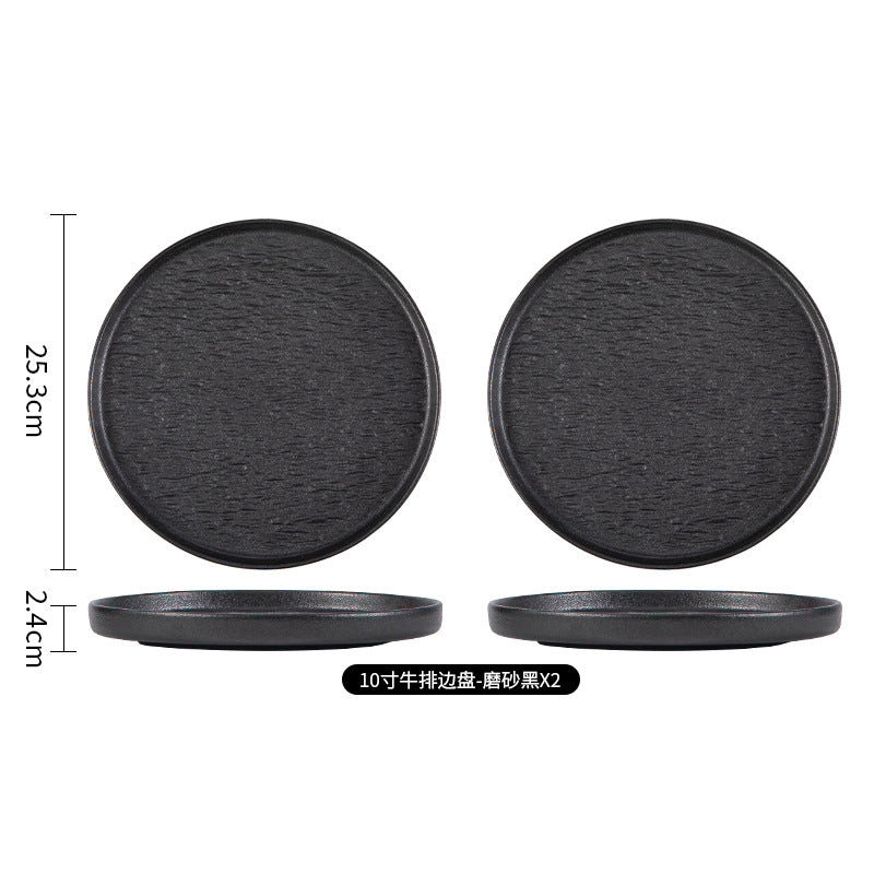 Japanese-style premium black and white ceramic dinnerware - high-end rock texture dinner plates for home use - round steak and chop dishes for restaurants