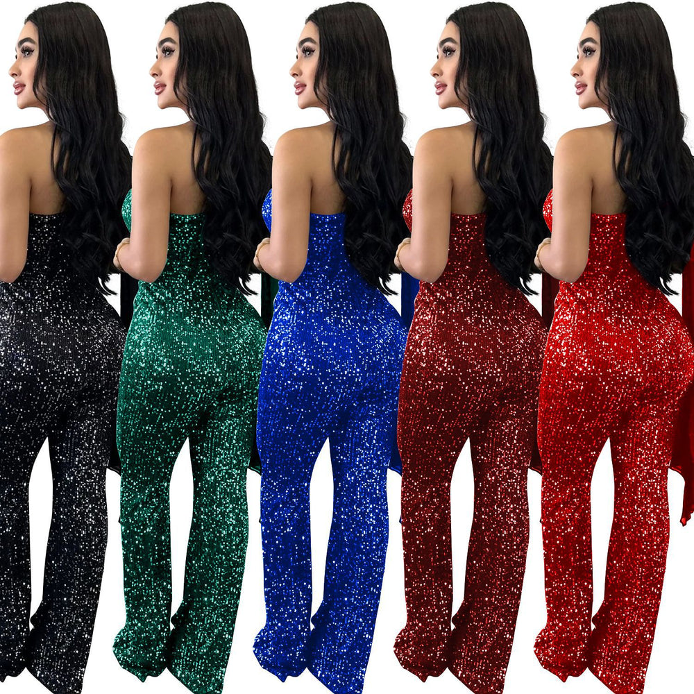 C6778 cross-border   fashion women's solid color sleeveless one-shoulder sequin pants jumpsuit